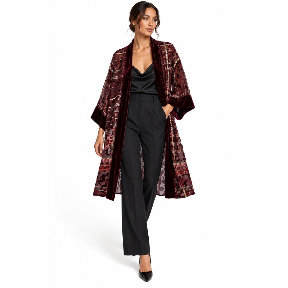 The Kooples Kimono Embroidered Velvet Silk Blend Burgundy Duster One Size